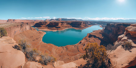 A panoramic view of a lake surrounded by red rock canyons.の素材