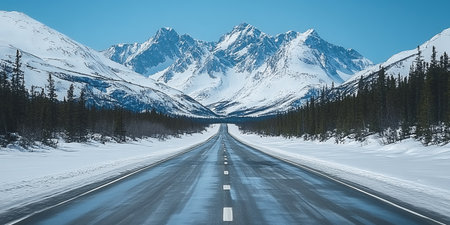 A long, empty road stretches through a snowy mountain range.の素材