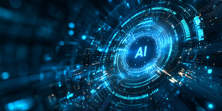 Abstract digital AI concept with glowing blue lights.の素材