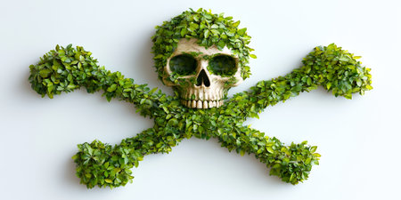 A skull and crossbones made of green leaves.の素材