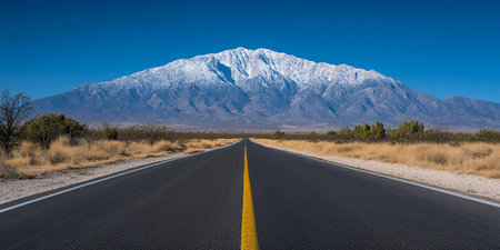 A long, straight road leads to a snow-capped mountain.の素材