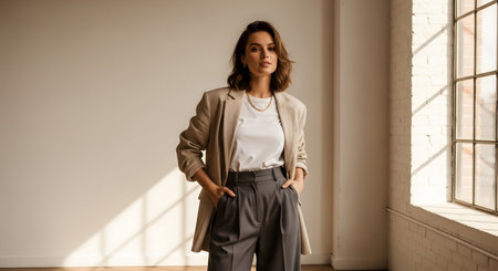 Portrait of a beautiful woman in a beige jacket and trousersの素材