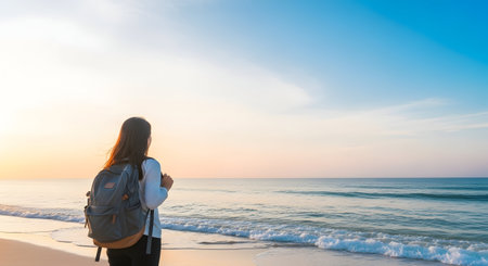 Young woman traveler with backpack on the beach at sunrise or sunset timeの素材