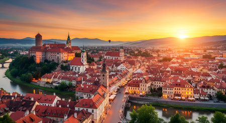 Panoramic view of Cesky Krumlov at sunset, Czech Republicの素材