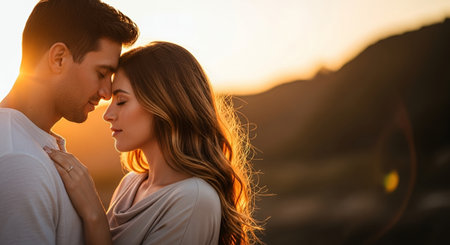 side view of young couple hugging and looking at each other at sunsetの素材