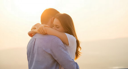 Happy young couple hugging and kissing on the beach at sunset or sunriseの素材