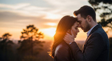 Beautiful young couple in love embracing and kissing on the background of beautiful sunsetの素材