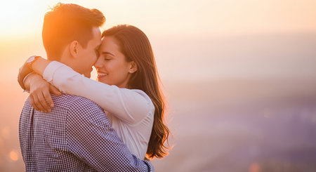 Young couple in love kissing and hugging on the background of the sunsetの素材
