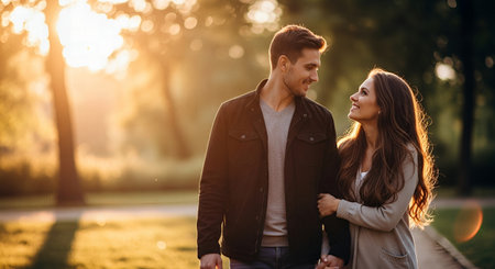 Beautiful young couple in love walking in the park at sunset.の素材