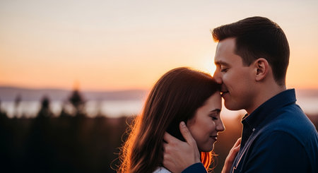 Romantic young couple in love kissing on the background of the sunsetの素材