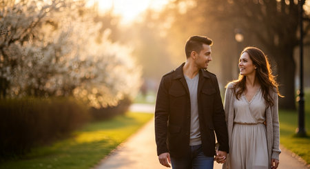 Young couple in love walking in the park. Romantic date in natureの素材