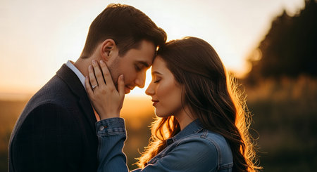 Beautiful young couple in love hugging and kissing on the sunset backgroundの素材