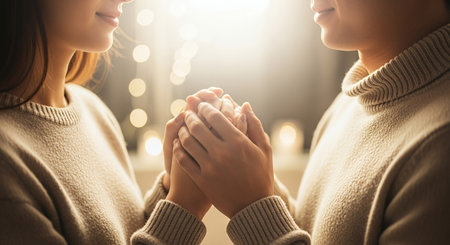 close up of loving couple holding hands and praying at christmas timeの素材