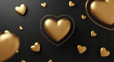 Golden hearts on a black background. 3d rendering, 3d illustration.の素材