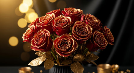 Bouquet of beautiful red roses in vase on black backgroundの素材