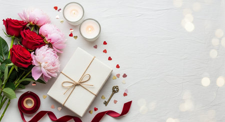 A beautifully arranged Valentine's Day gift with red roses, pink peonies, and candles on a white textured background, surrounded by heart-shaped decorations and a red ribbon, perfect for romantic and love-themed designs.の素材
