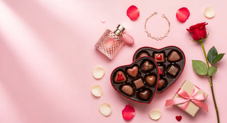 Romantic composition featuring heart-shaped chocolates, red rose, perfume, and gift box on a soft pink background, ideal for Valentine's Day promotions and advertising.の素材