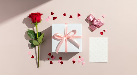 A romantic Valentine's Day setup featuring a red heart-shaped jewelry box with a silver heart pendant, surrounded by red rose petals and hearts, accompanied by a 'Happy Valentine' card on a white background, perfect for love and wedding themes.の素材