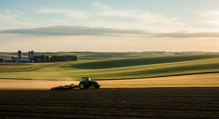 Agricultural landscape with tractor and silo on the field at sunsetの素材