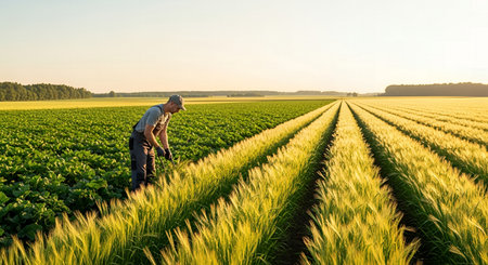 Farmer standing in a wheat field and examining the quality of the cropの素材