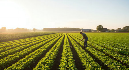 Farmer working in a potato field on a sunny summer day.の素材