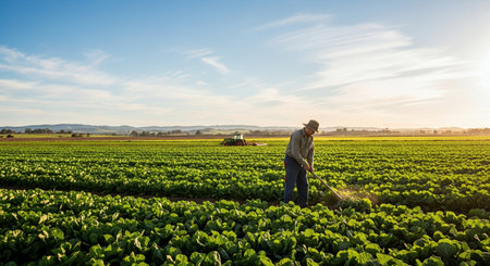 Farmer working on a lettuce field in the early morning light.の素材