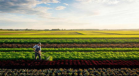 Farmer working in a field of red, yellow and green lettuceの素材