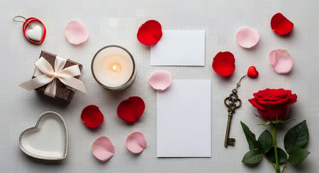Valentine's day background with rose petals, gift box and key.の素材