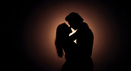 Silhouette of man and woman in love on a dark backgroundの素材