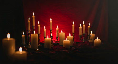 Burning candles in a dark room with a red curtain on the backgroundの素材