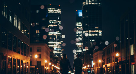 couple walking in the city at night, concept of love and romanceの素材