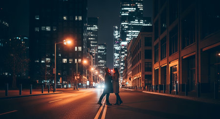 Man walking in the street at night, looking at the city.の素材