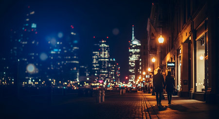 Man walking in the street at night, New York City, USAの素材