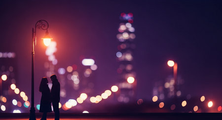 Silhouette of couple standing on street with cityscape in backgroundの素材