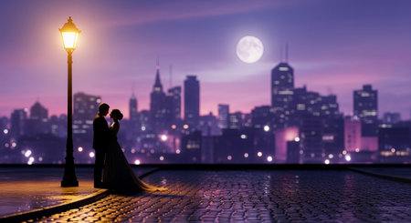 Wedding couple in the city at night with full moon.の素材