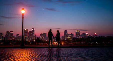 Couple in love holding hands and walking on the bridge at sunsetの素材