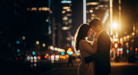 Romantic couple embracing in the city at night. Love concept.の素材