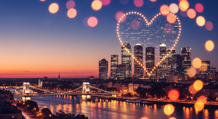 Budapest city skyline with heart shaped lights at sunset, Hungaryの素材