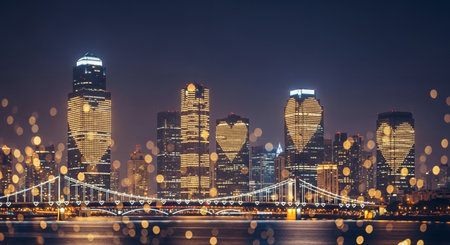 Bridges and skyscrapers at night, New York City, USAの素材