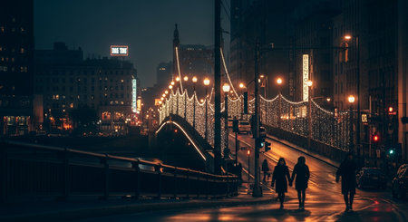 People walking on the street in London at nightの素材