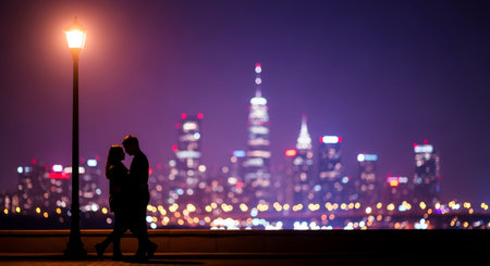 Silhouette of loving couple on the street with night city backgroundの素材
