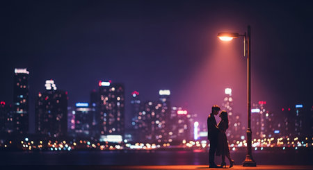 Couple in love hugging each other with cityscape in the backgroundの素材
