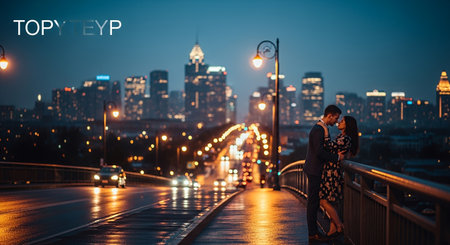 Tourism Travel Holiday Vacation Wanderlust Concept. Young couple in love walking on the bridge over Moscow river at night.の素材
