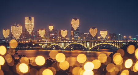 Changsha city skyline at night with heart shaped bokehの素材