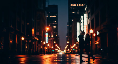 Young couple in love walking on the street at night in New York Cityの素材