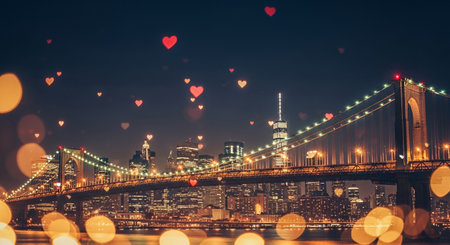 Double exposure of Brooklyn Bridge and Manhattan skyline at night, New York City, USAの素材