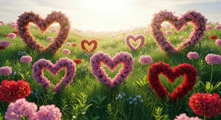 Heart-shaped flowers in the meadow. Valentines day backgroundの素材