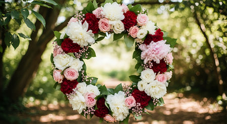 wedding arch with red, white and pink flowers in the parkの素材