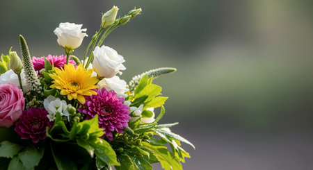 Bouquet of flowers in a vase on a green backgroundの素材