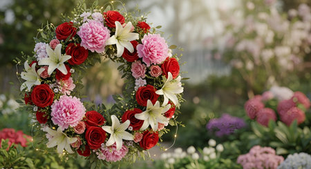 Wedding floral decoration with roses and lilies in the gardenの素材